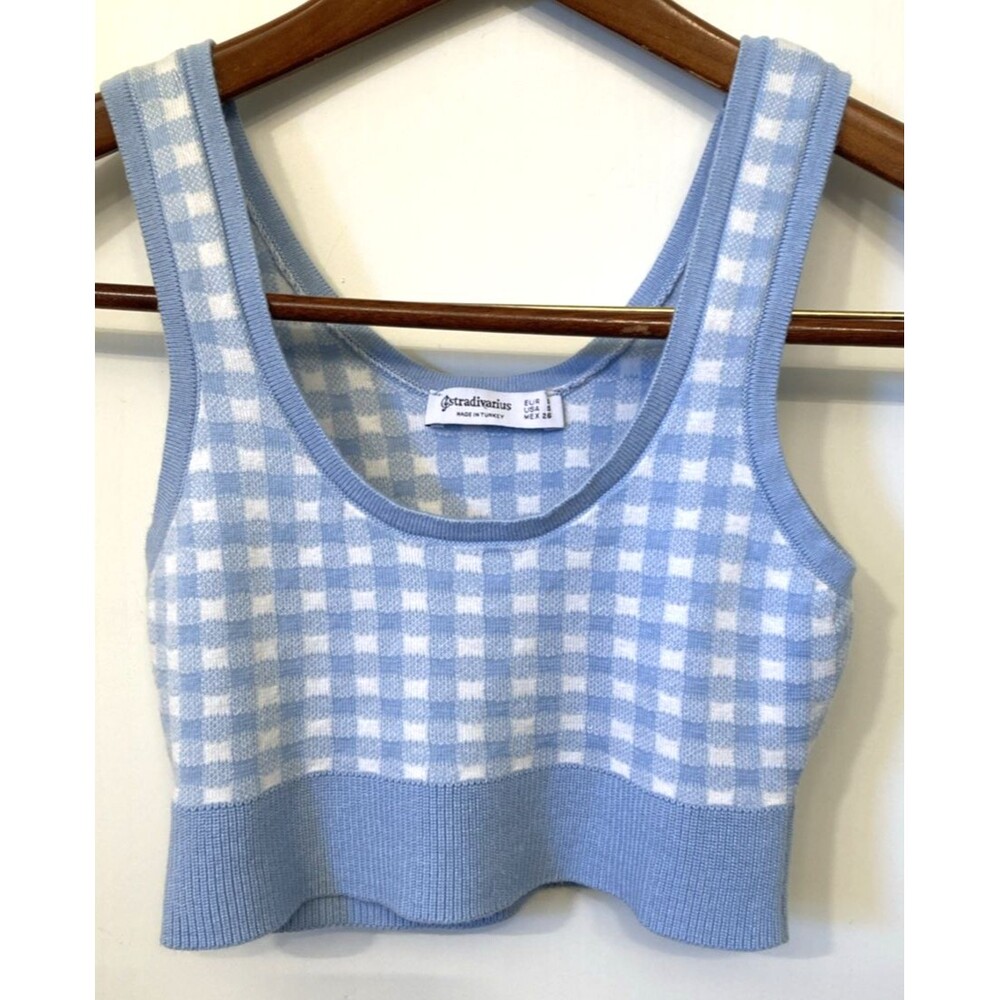 Stradivarious Blue White Check Baby Sweater Cami S Cropped Soft Girl Feminine